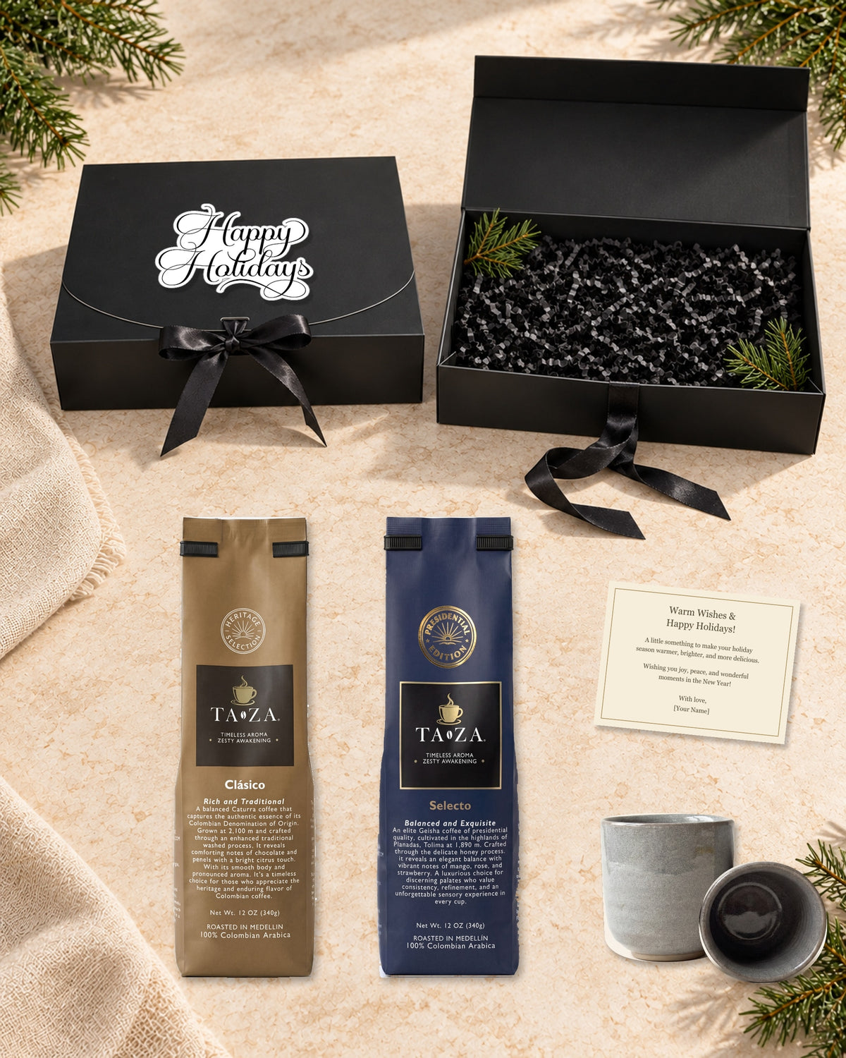 Holiday Gift Box — Clásico & Selecto with Two Handmade Espresso Cups