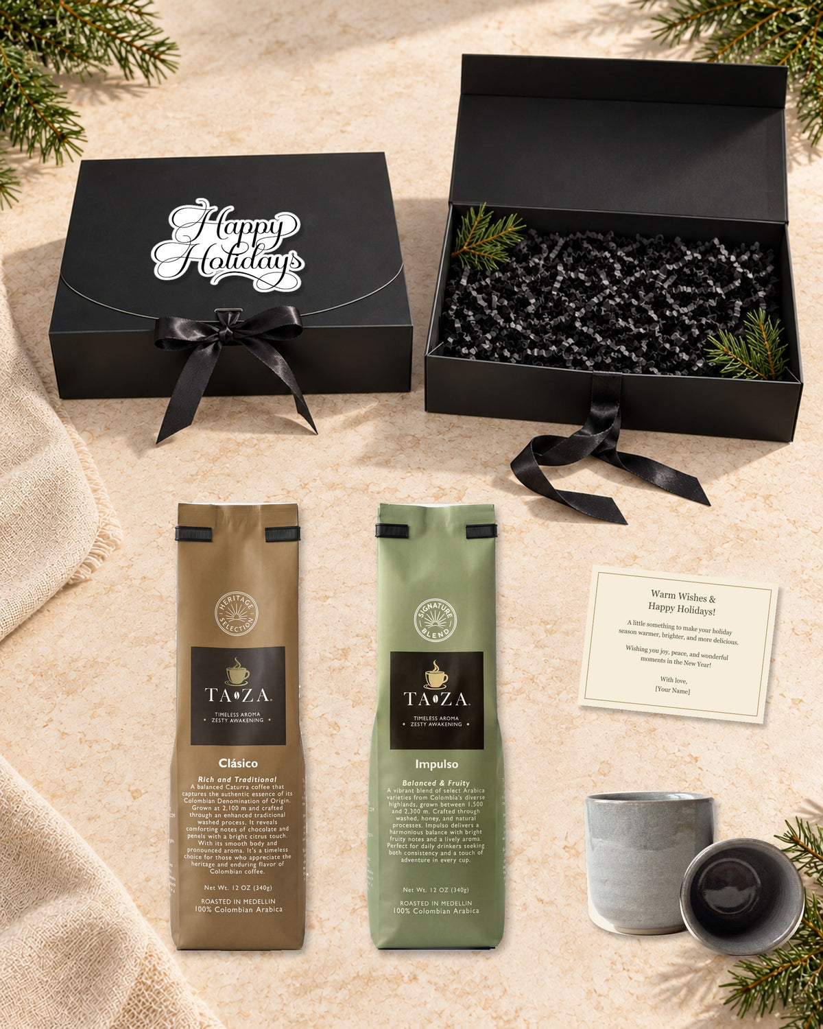 Holiday Gift Box — Clásico & Impulso with Two Handmade Espresso Cups