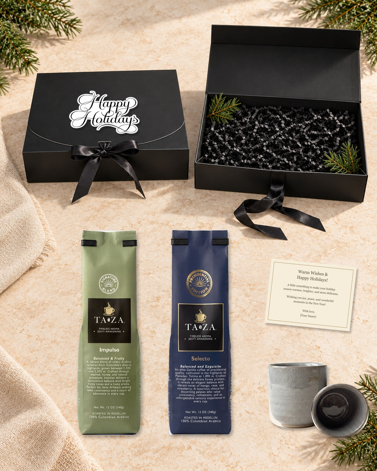 Holiday Gift Box — Impulso & Selecto with Two Handmade Espresso Cups